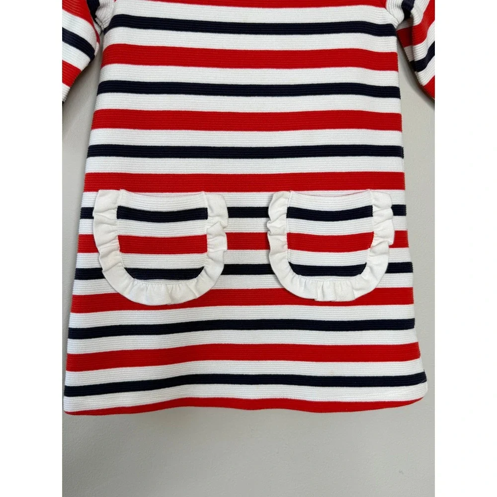 Janie and Jack Knit Dress Girls 4 Red White Blue Nautical Striped Ruffle Pockets